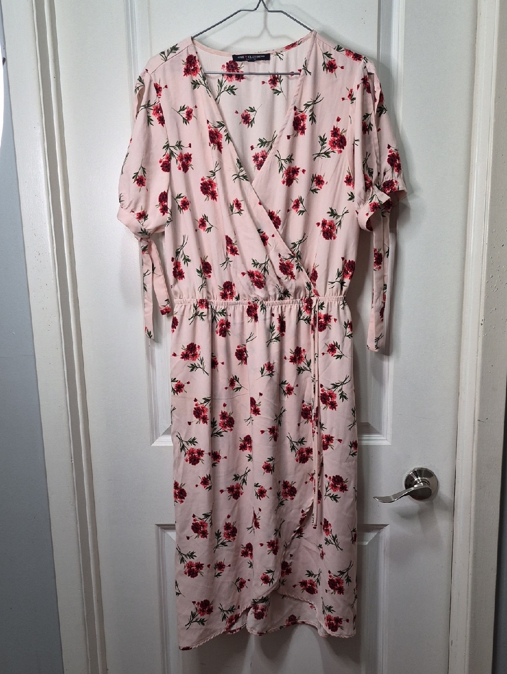 one clothing Pink Floral Midi Dress with Red Flower Print
